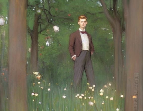 Romantic Portrait in Waterhouse Style: Man in Tall Grass
