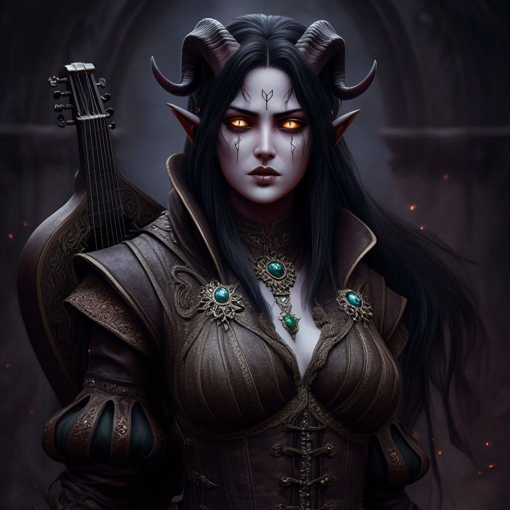 Fantasy Tiefling Bard in Mystical Realm