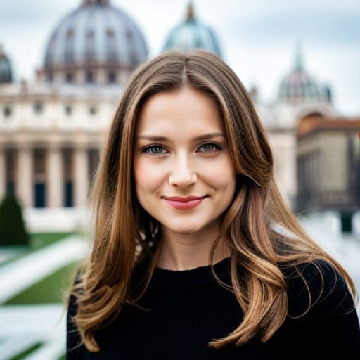 Head shot photo of a beautiful woman smiling , long light brown hair over her shoulder.