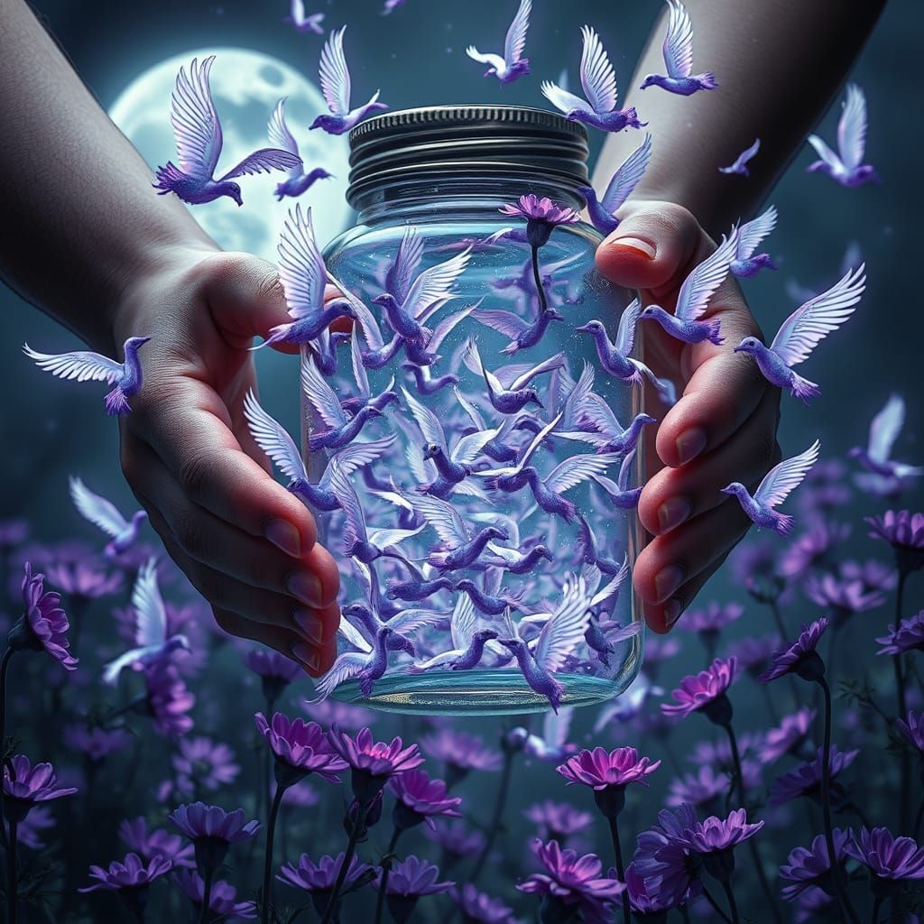 Magical Horses Take Flight in a Vibrant, Purple-Hued Garden