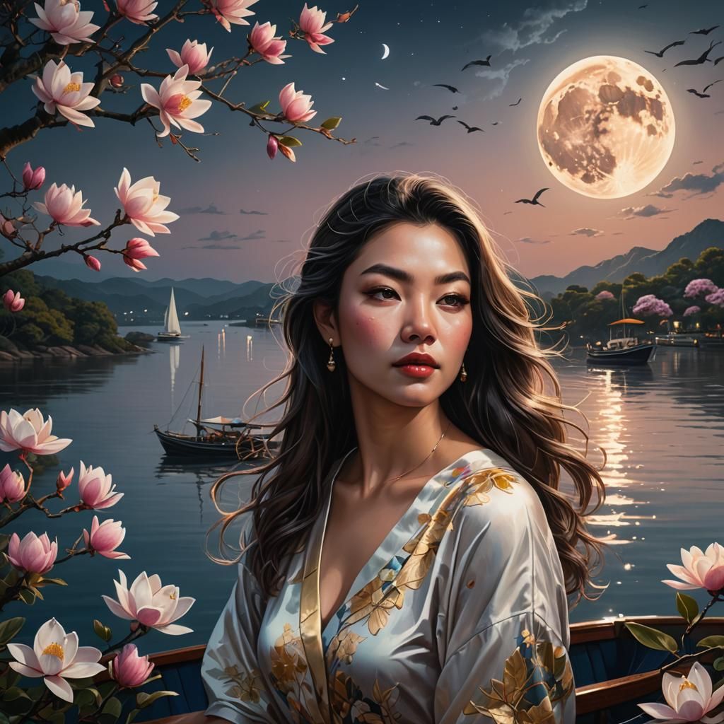 Young Woman, Moon, Magnolias: Hyperrealistic Splash Art