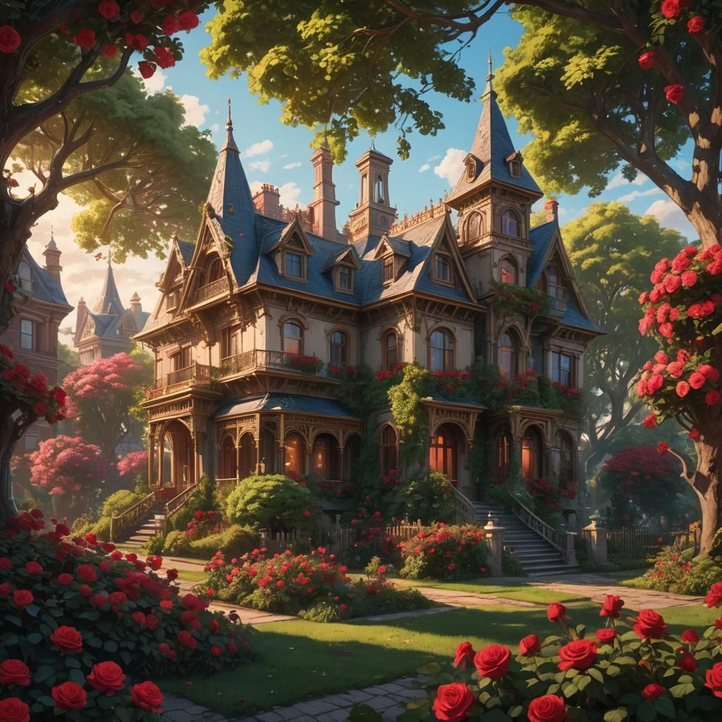 Victorian Manor Surrounded by Roses: Fantasy Concept Art