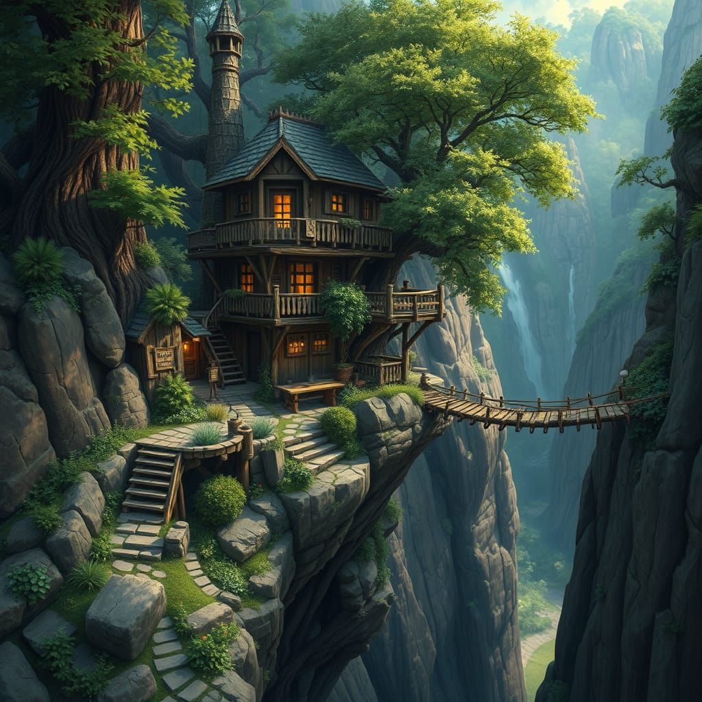Whimsical Cliffside Tavern in a Secluded Gorge