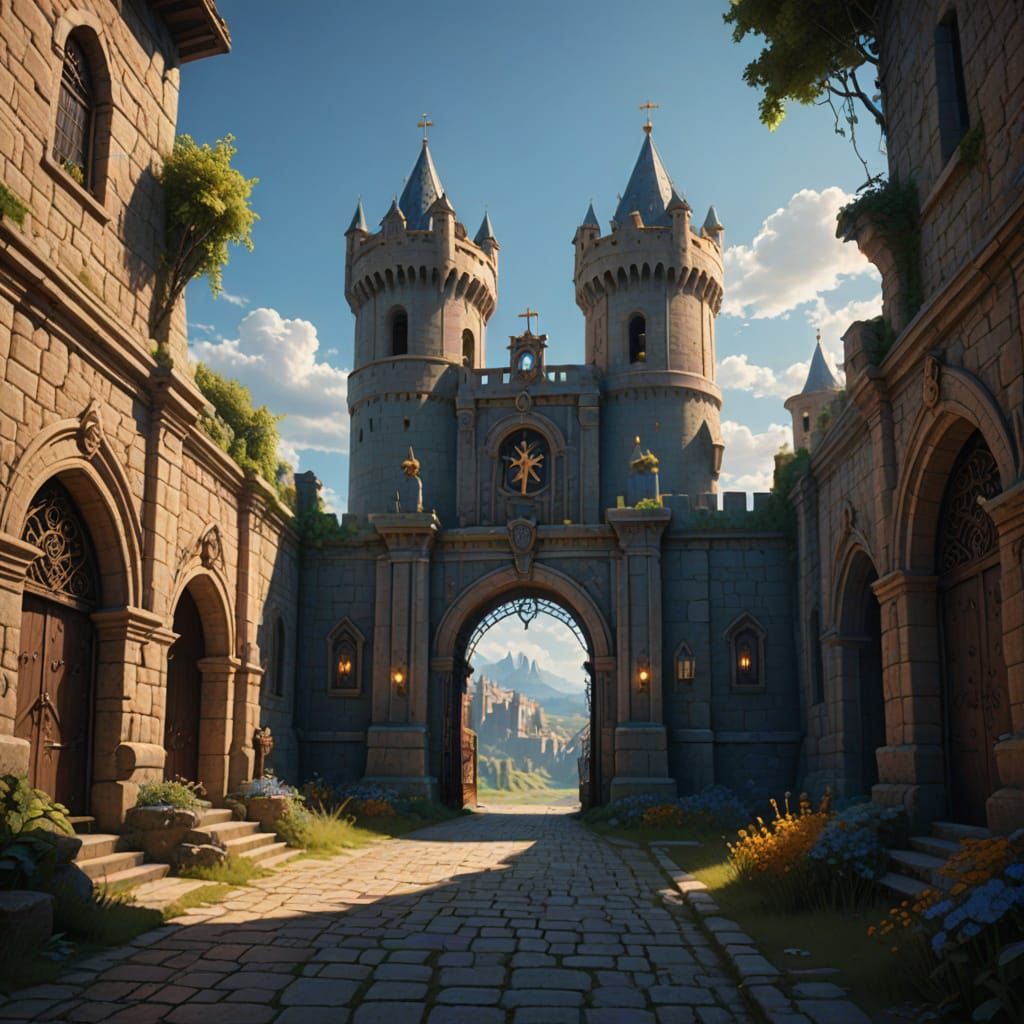 Christian Romanesque Fortress Gate in Warm Sunlight