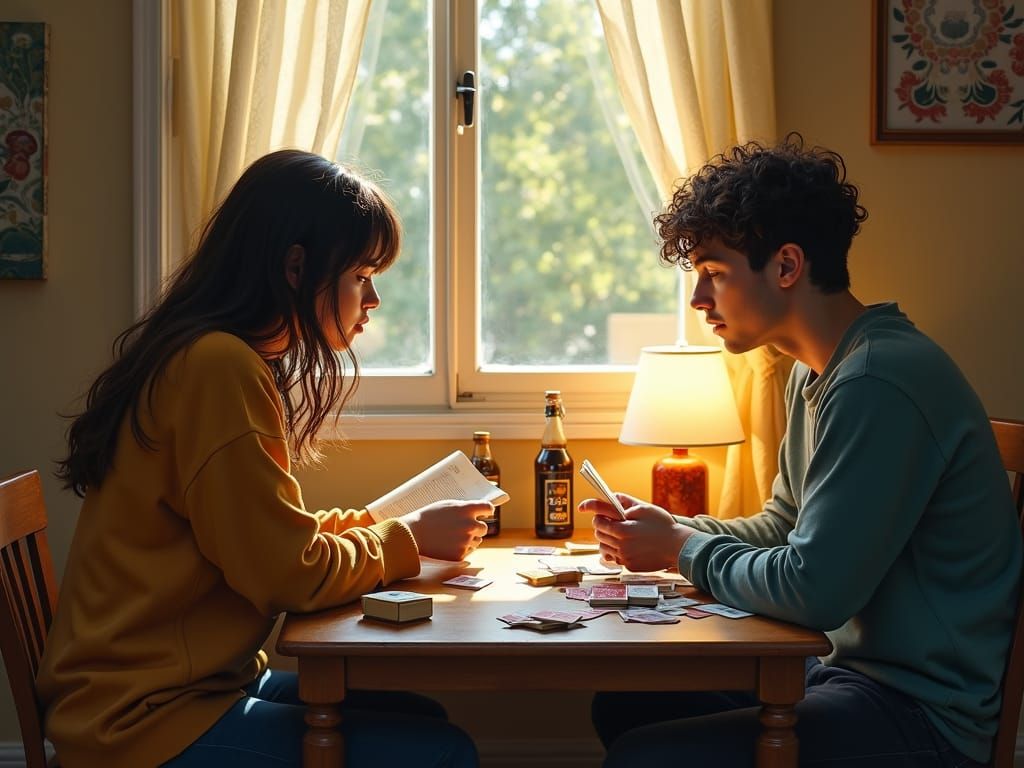 Cozy Gathering: Young Adults in Oil Painting Style