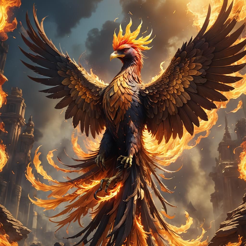 Crowned Phoenix Ablaze Under Mystical Sun