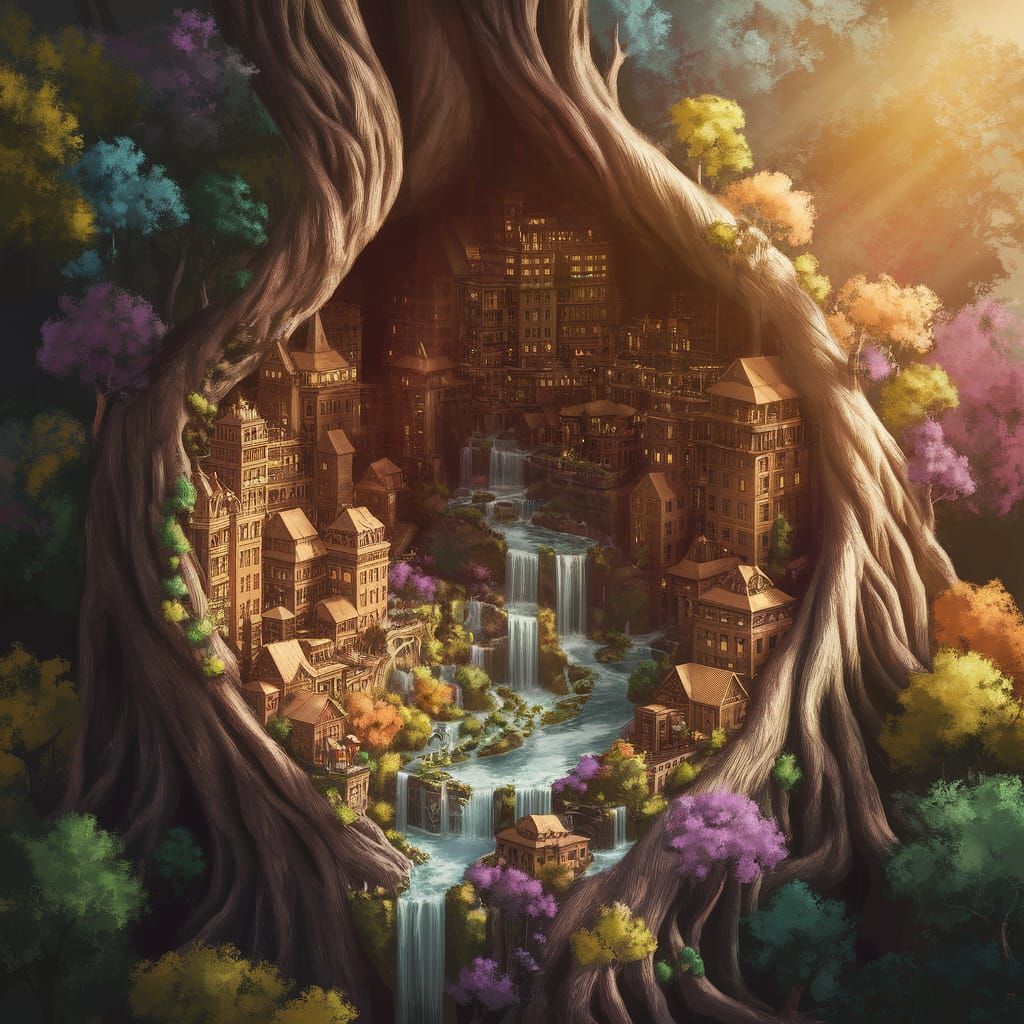 Enchanted Tree Cityscape in a Vibrant, Natural Setting