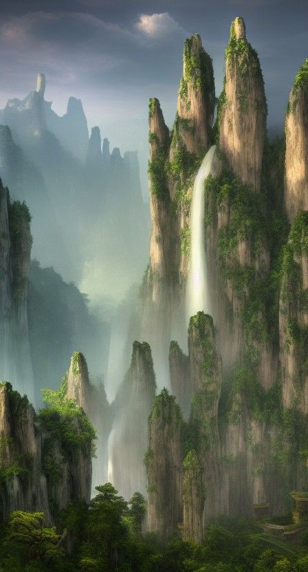 Matte Art Castle with Floating Waterfalls