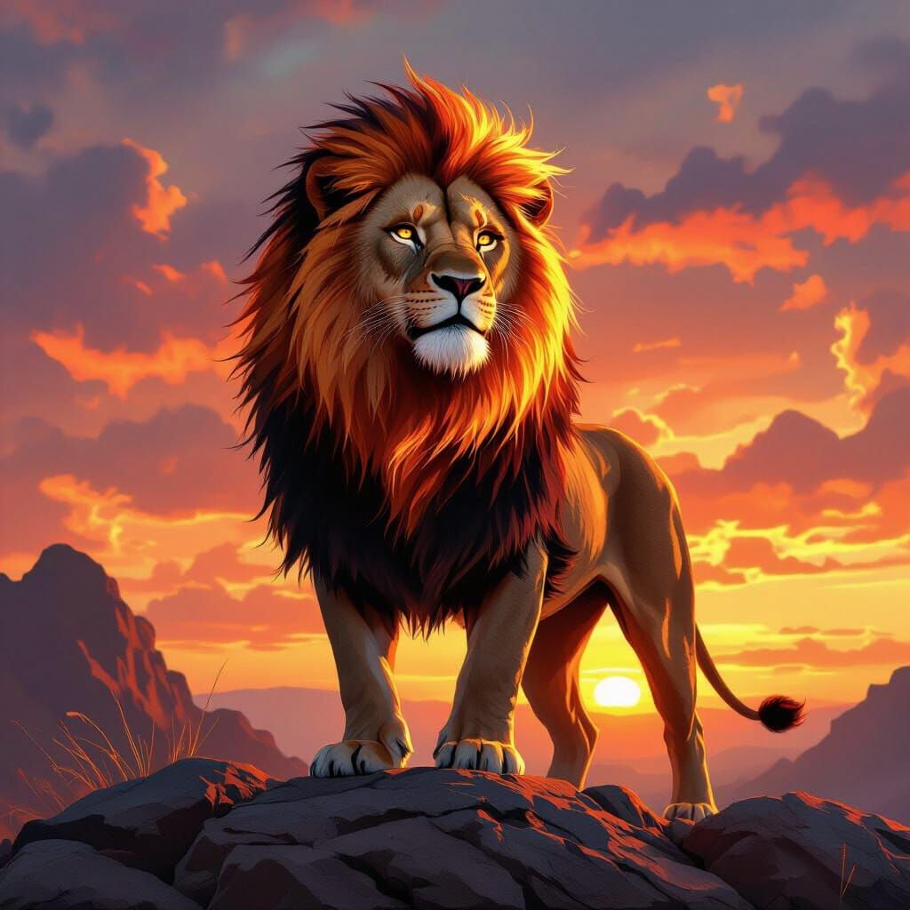 Fiery Lion on Rocky Crag at Sunset