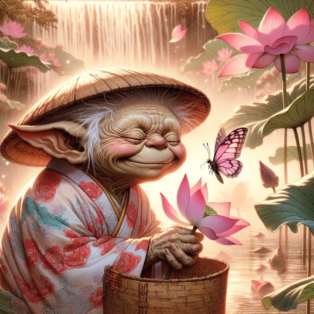 Gremlin Offers Lotus to Butterfly in Ukiyo-e Style