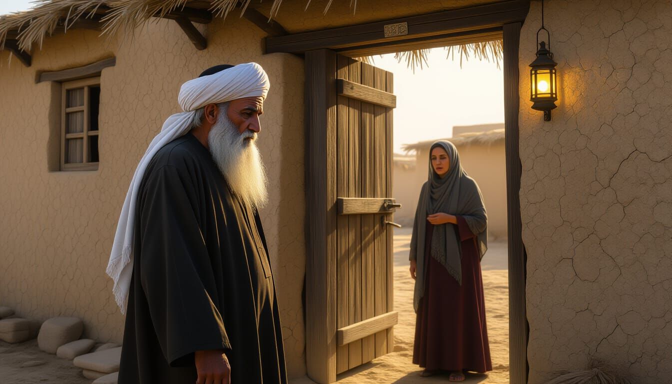 Sorrowful Village Chief at Doorway in Hyperrealistic Style