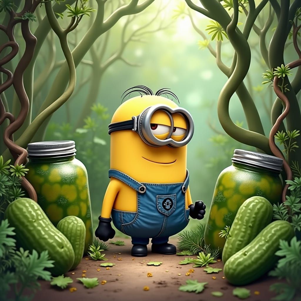 Minion in a Pickle Garden: Steampunk Cartoon Art