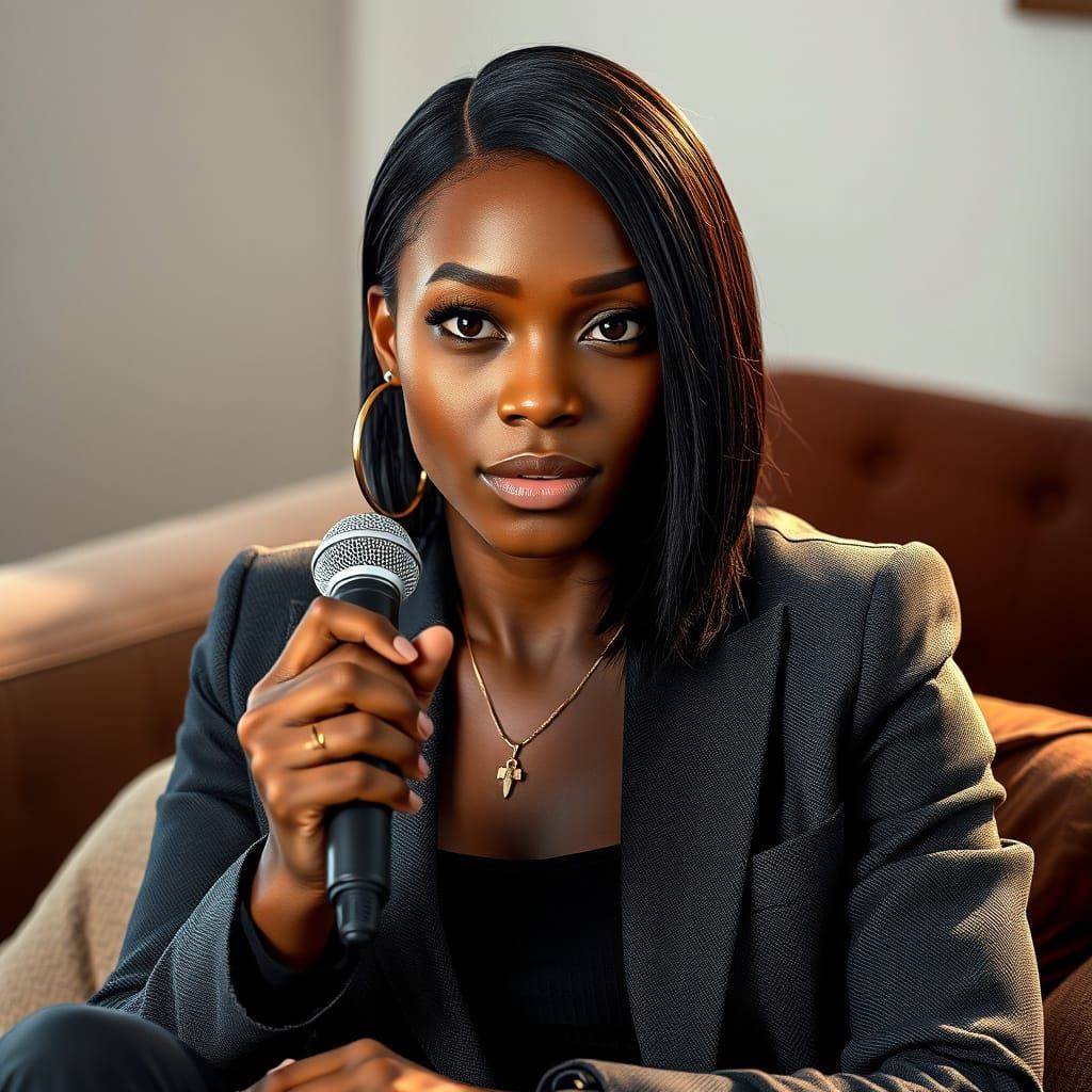 Black Female AI Artist Posing with Microphone