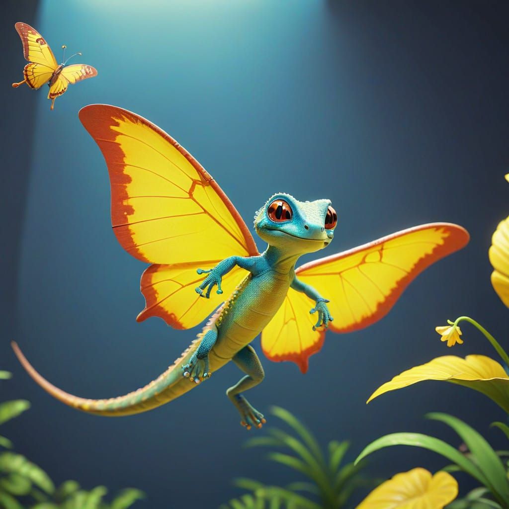 Friendly Geckos Soar in Bright, Cinematic 3D Digital Art