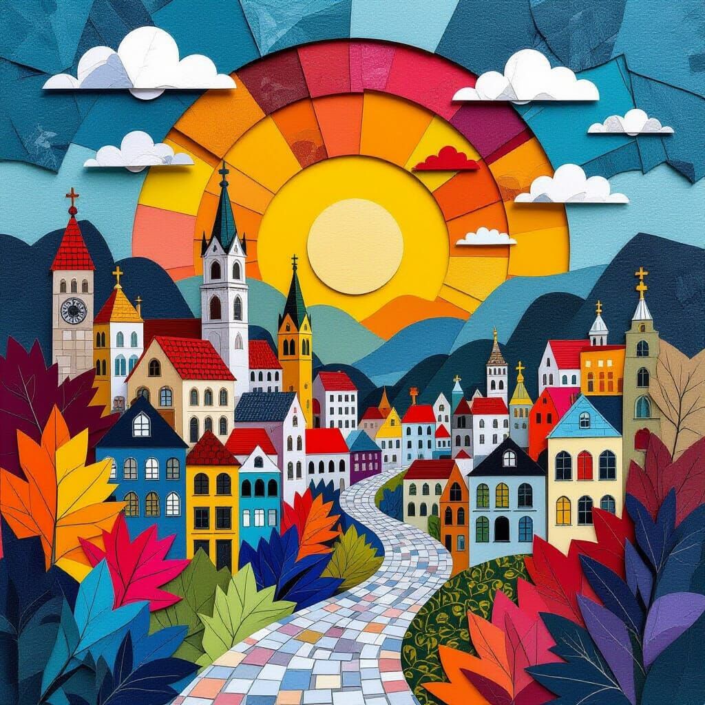 Vibrant Autumn Cityscape Sunset Collage