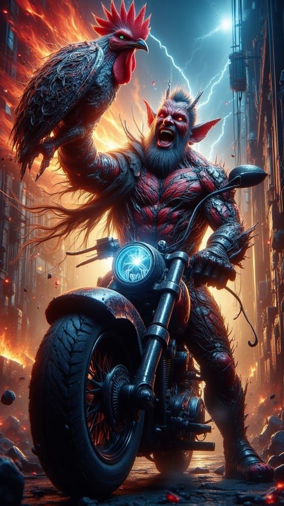 Devil and Armored Chicken on Motorcycle, Street Art Style