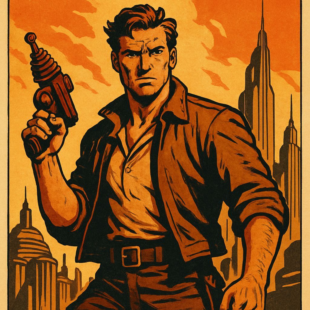 Vintage Action Hero Poster in Retro-Futuristic City