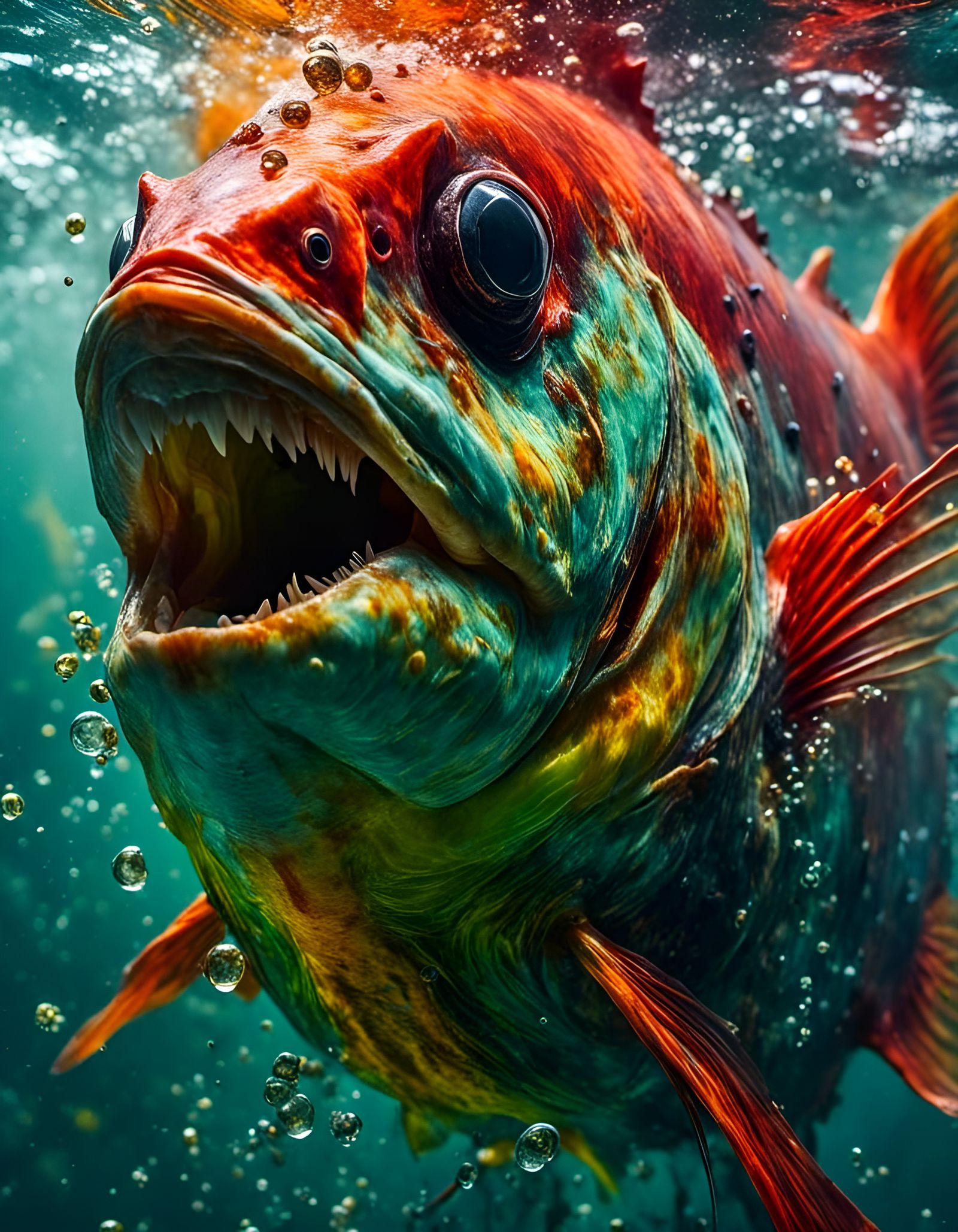 Underwater Red Piranha in Hyperrealistic Splash Art
