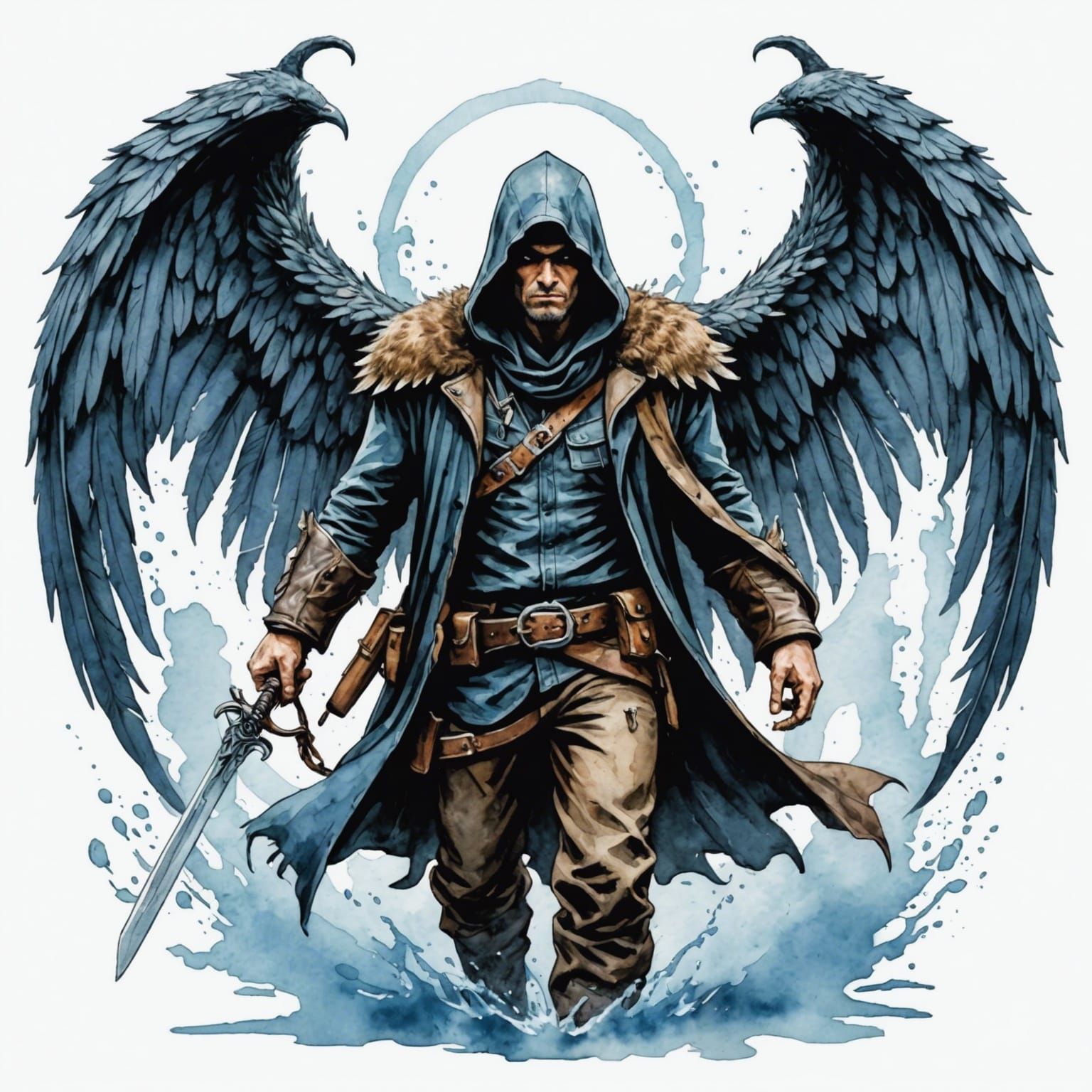 Winged Hooded Outlaw in Watercolor Style