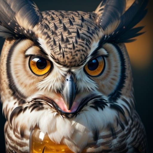 Great Horned Owl on Whiskey Bottle in Golden Hour