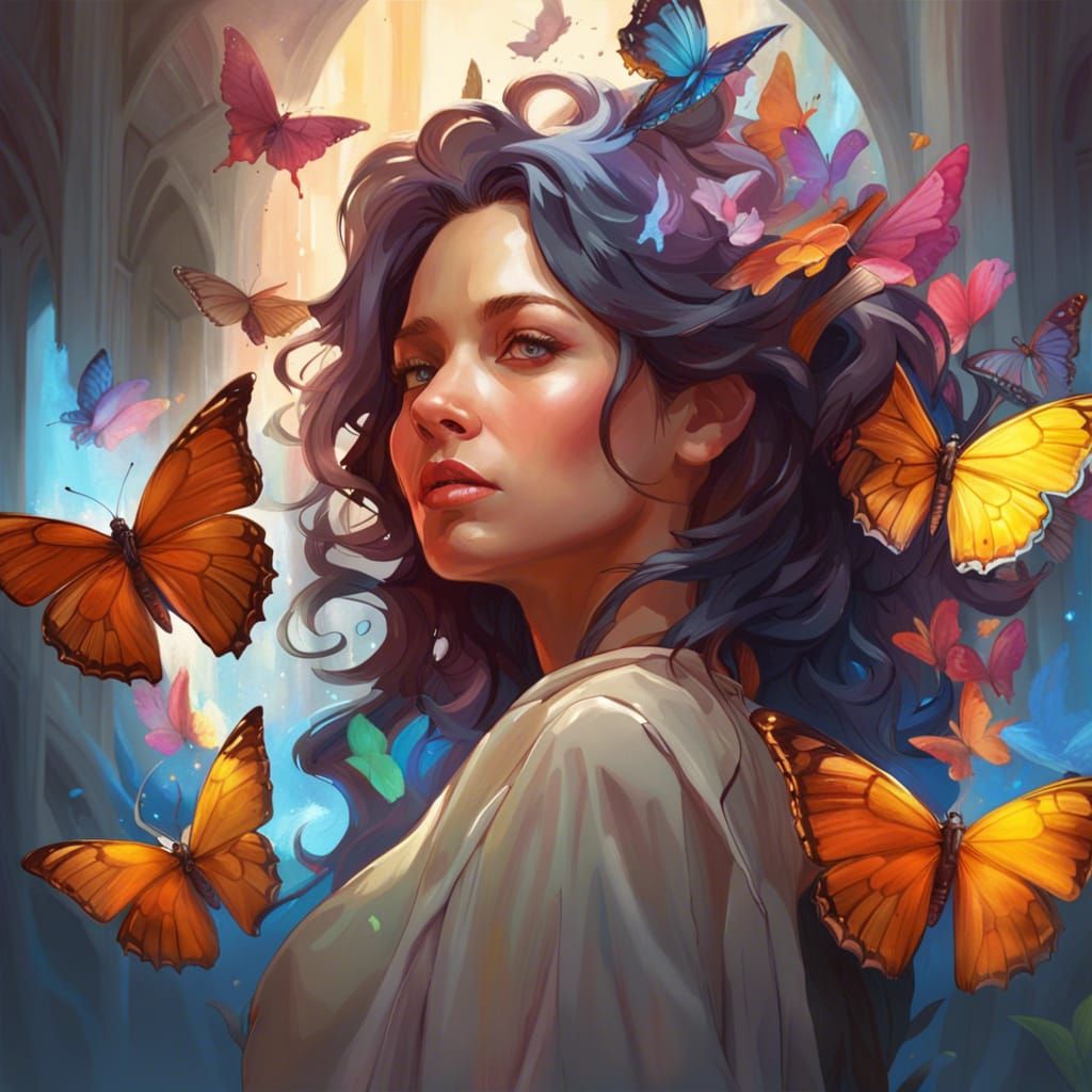 Woman Illuminated by Butterflies: Hyperdetailed Portrait