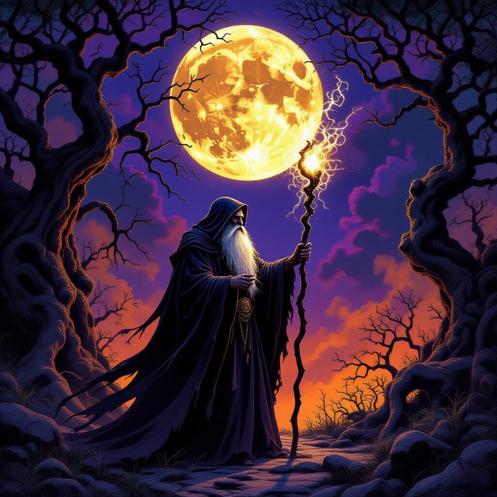 Wise Old Mage with Glowing Staff in Moonlit Forest