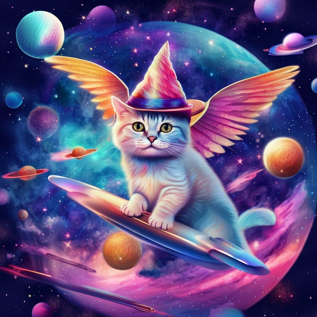Cats in Space with Hats: Astral Cosmic Illustration