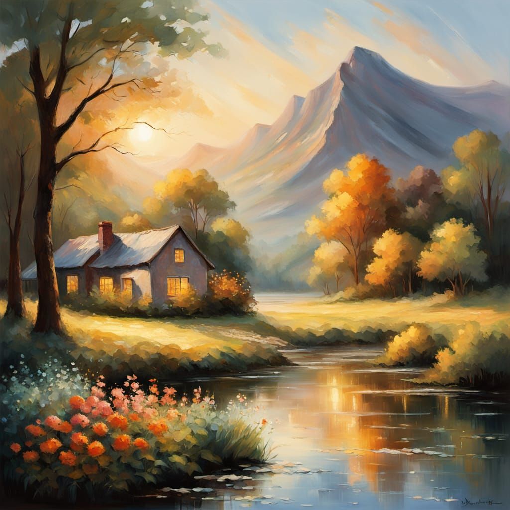 Impressionist Country Cottage by River in Golden Hour