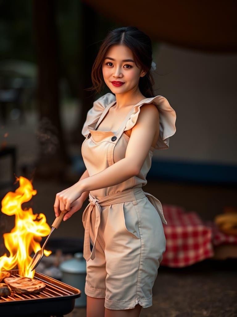 Vietnamese Woman Cooks BBQ: Art Nouveau Style