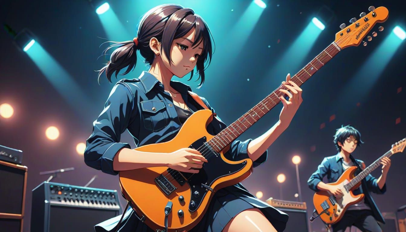 Anime-Style Guitar Days: Cel-Shaded Manga Illustration