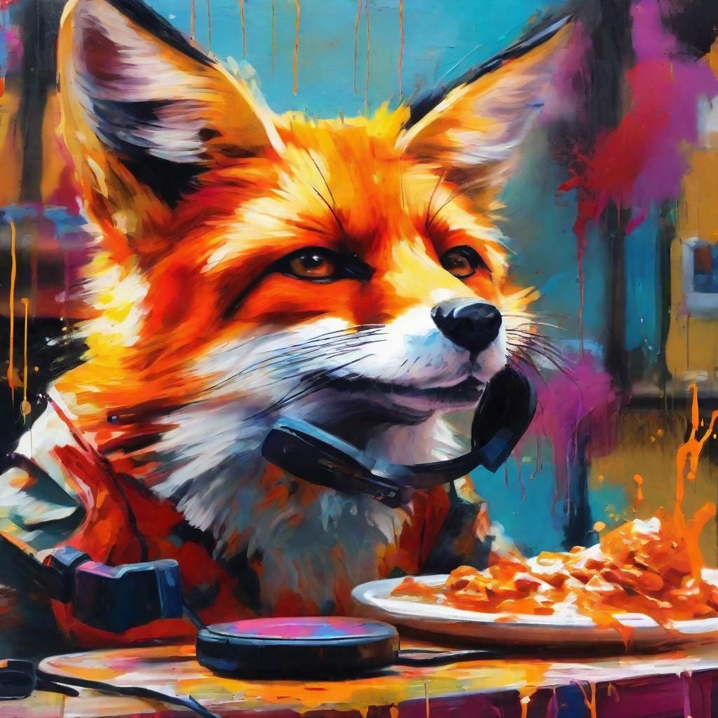 Fox Gamer Enjoying Butter Chicken: Street Art Style
