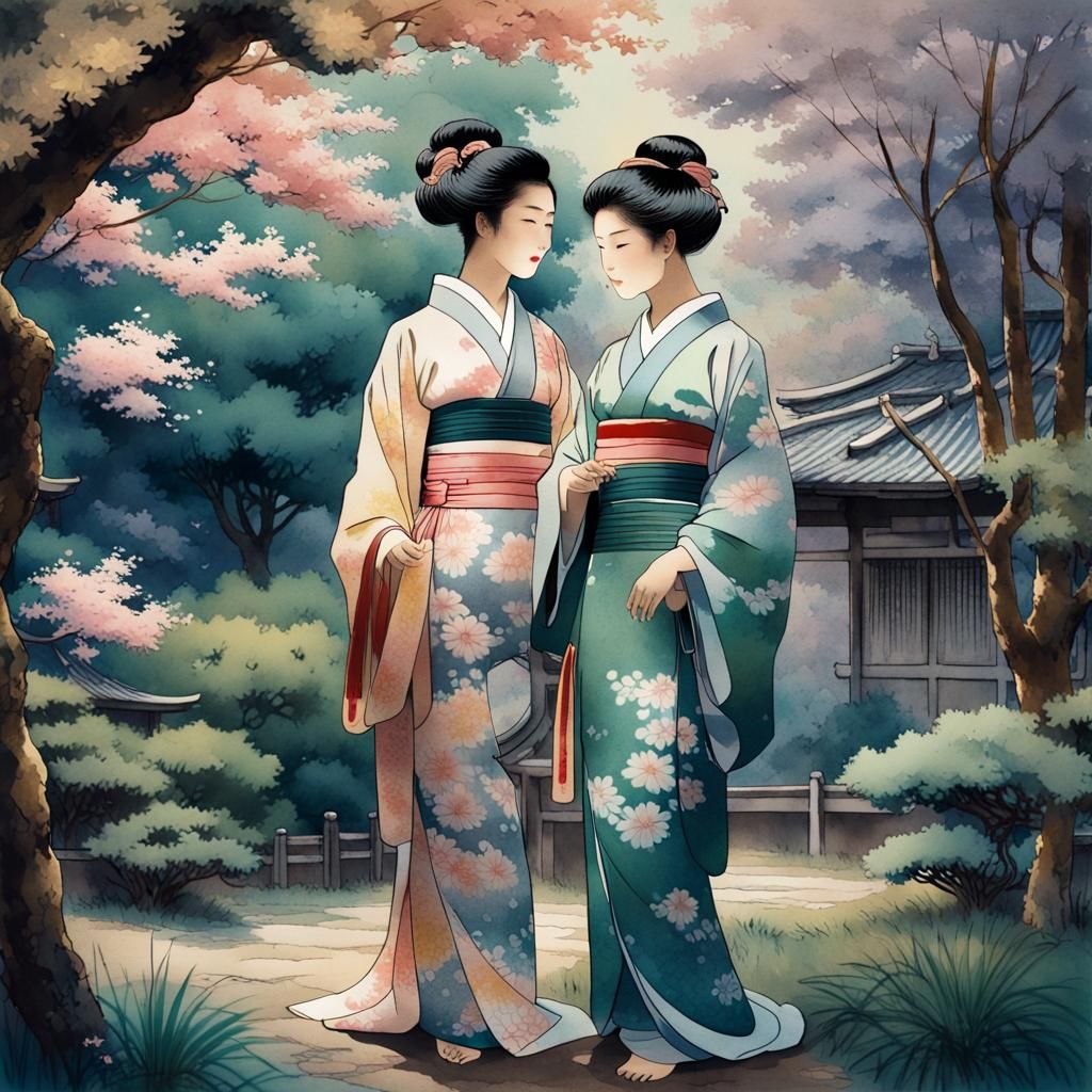 Japanese Women in Garden: Ukiyo-e Pastel Watercolor