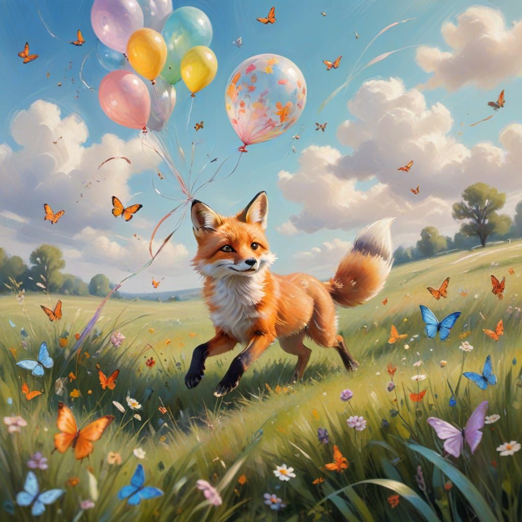 Fox Chasing Balloon Butterflies as Oil Painting