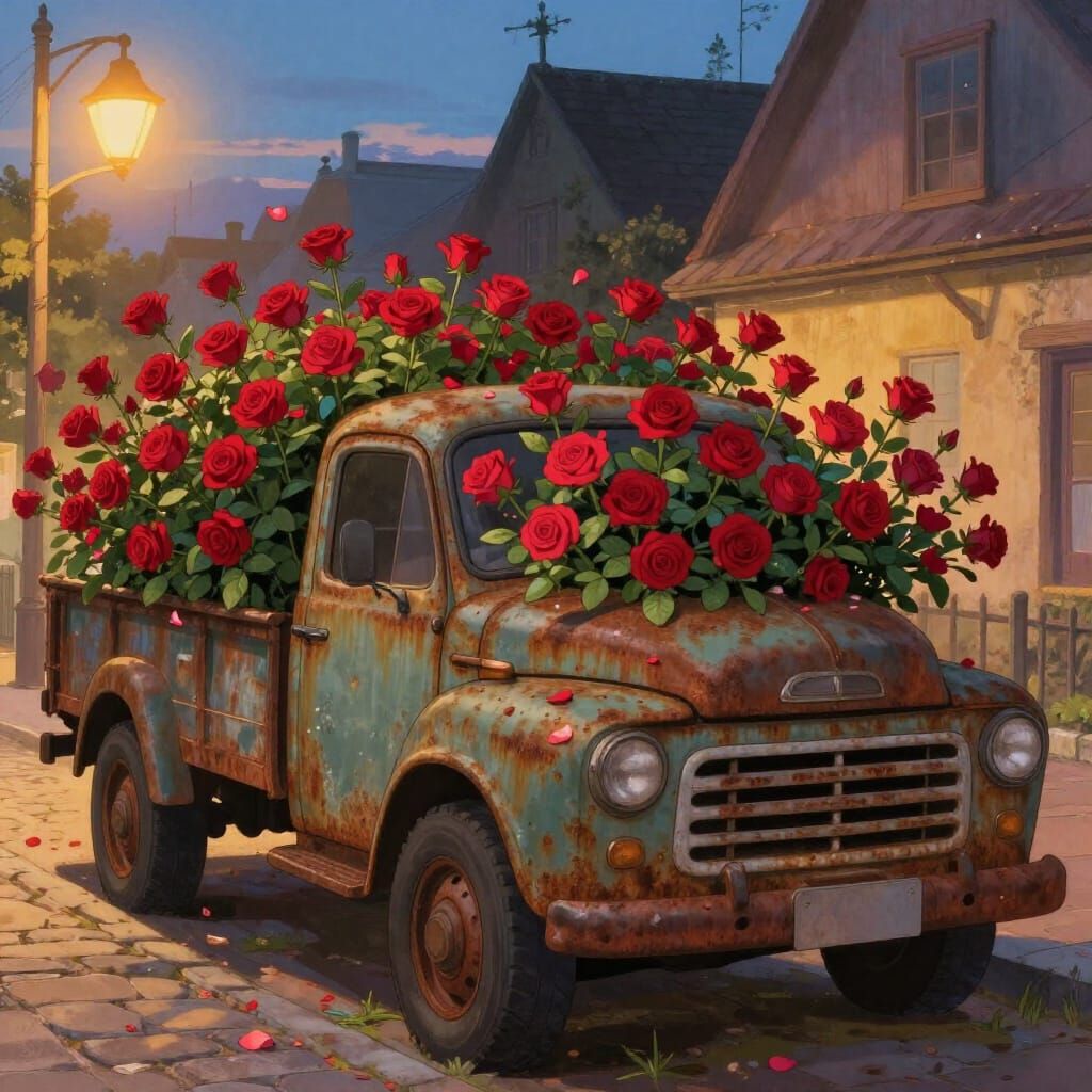 Vintage Truck Overflowing with Roses on Cobblestone Street