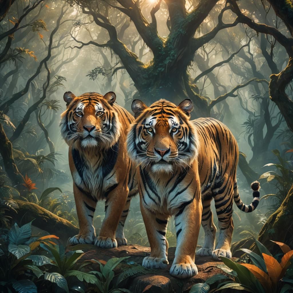 Tiger and Lion in Mystical Forest Concept Art