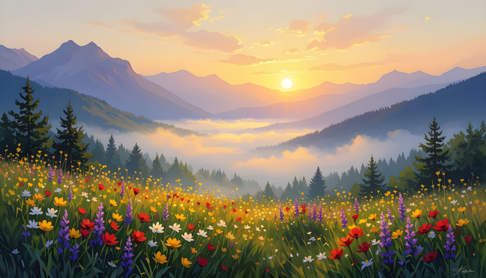 Golden Sunrise Over Misty Mountains with Wildflowers