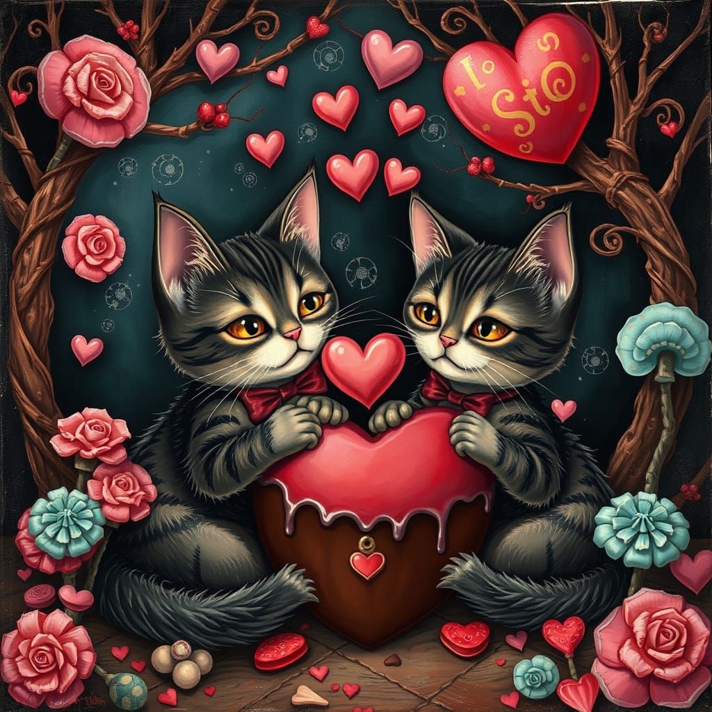 Whimsical Valentine's Day Cats in Dark Chocolate Wonderland