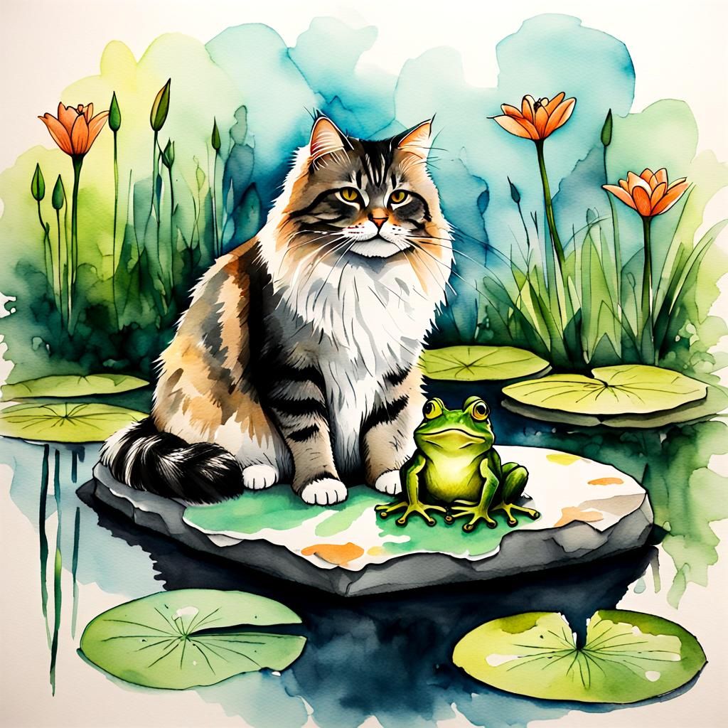 Siberian Cat Watches Frog: Watercolor and Ink Art