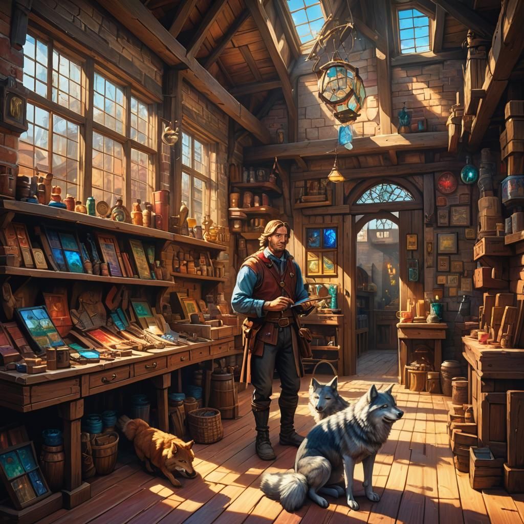 Adventurer's Shop Photobombed by Wolves: Fantasy Art