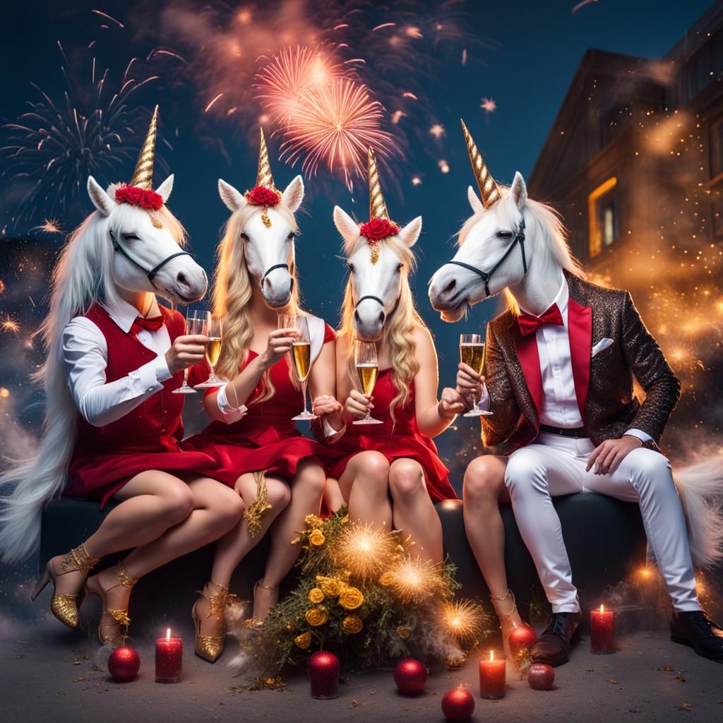 Unicorns Celebrate New Year's Eve with Champagne