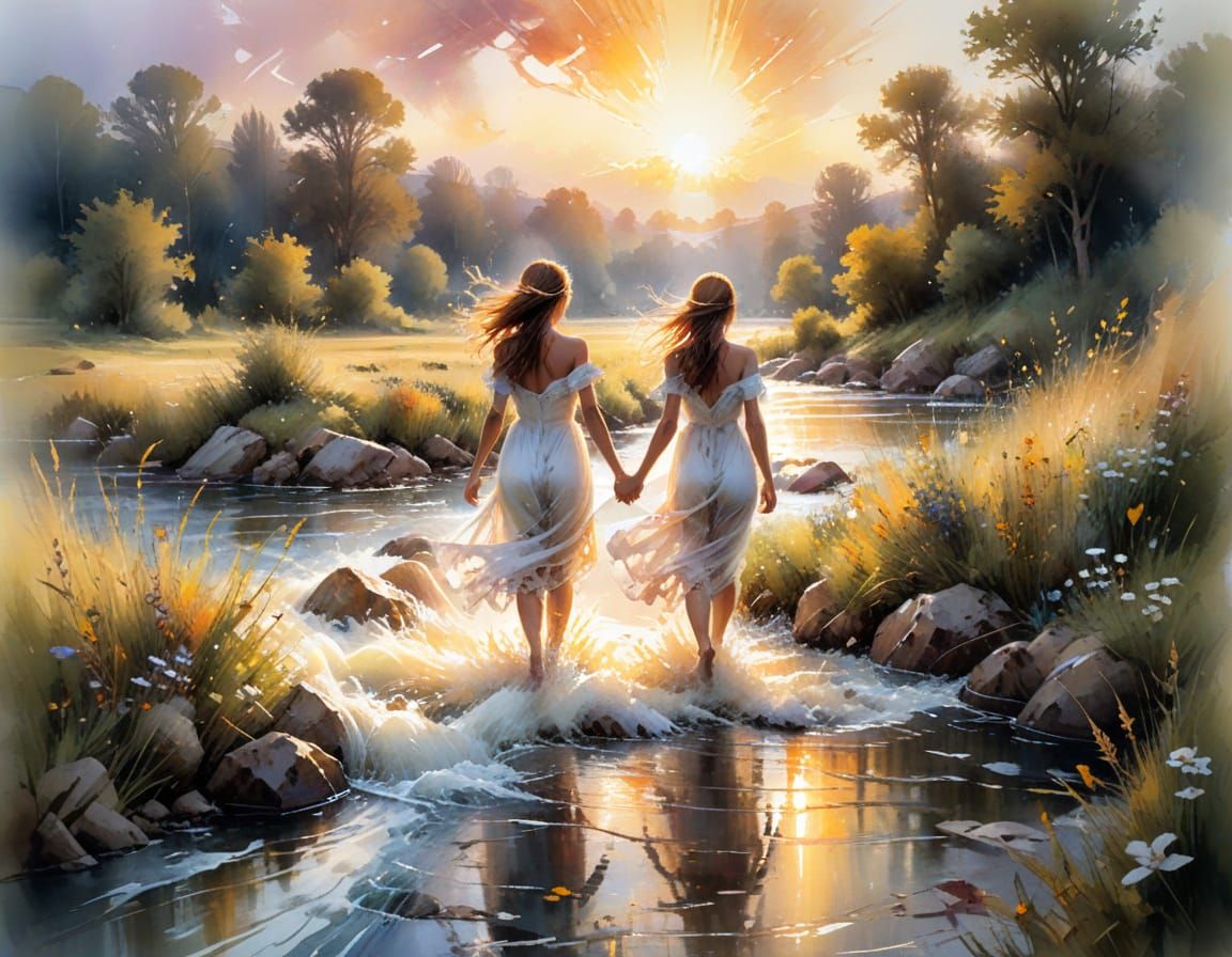 River Rapids in Summer Meadow, Watercolor Style