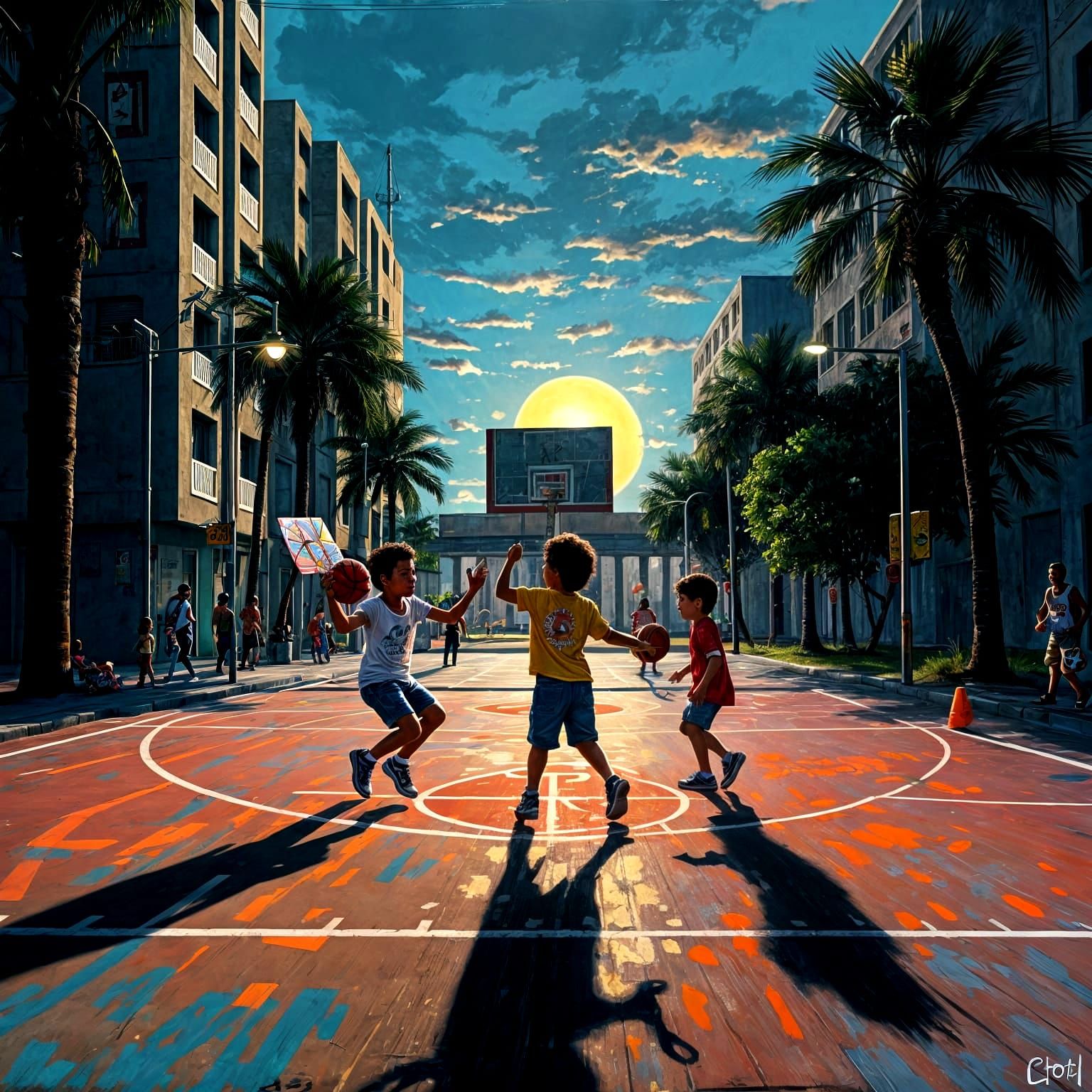 Sunset Basketball Court with Graffiti Art