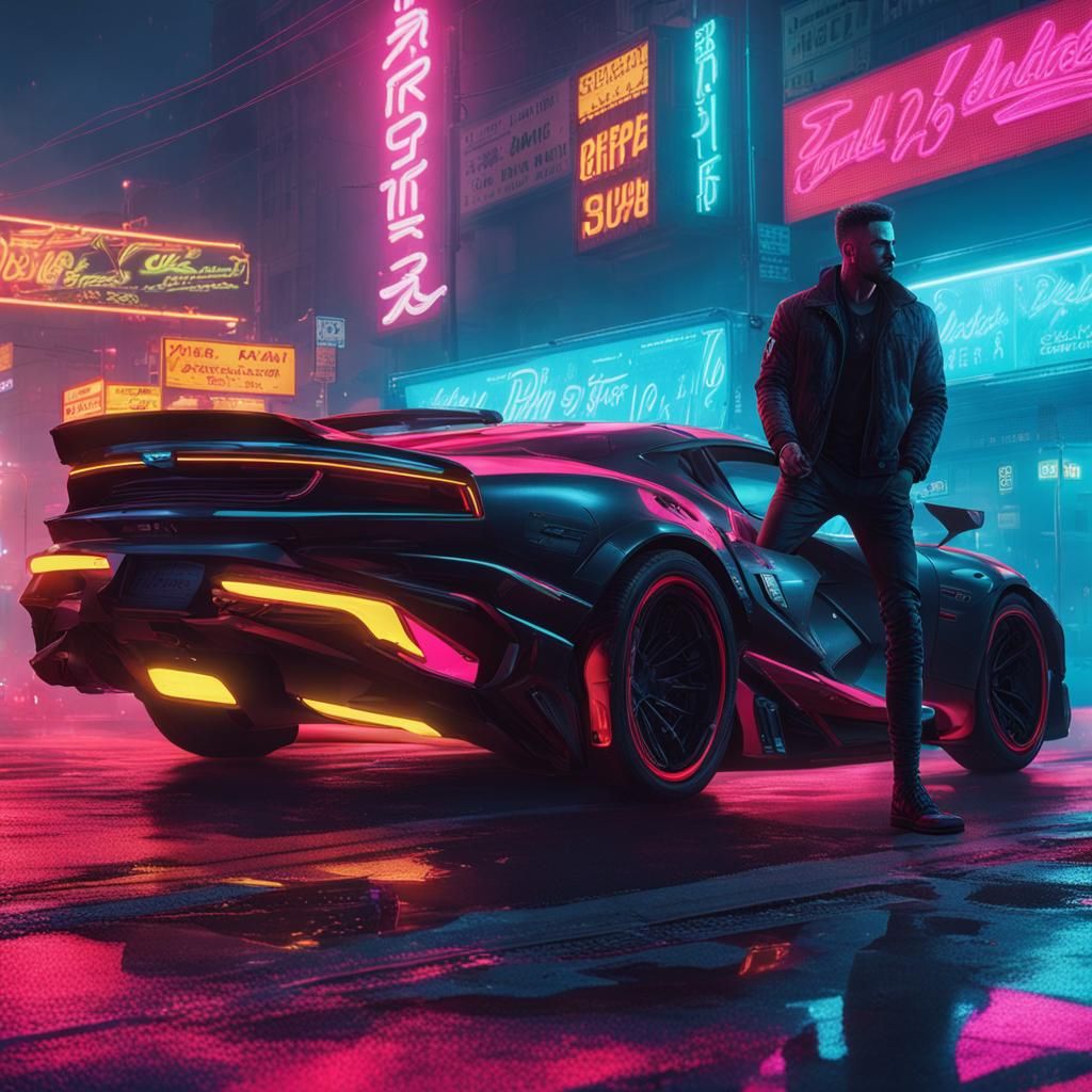 Cyberpunk Car Crash in Neon Cityscape