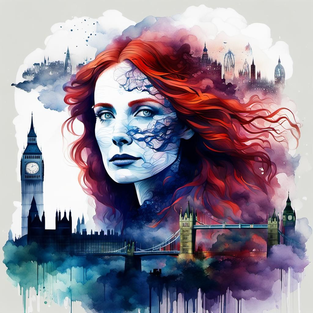 Victorian Lady and London Fog in Watercolor Splash Art