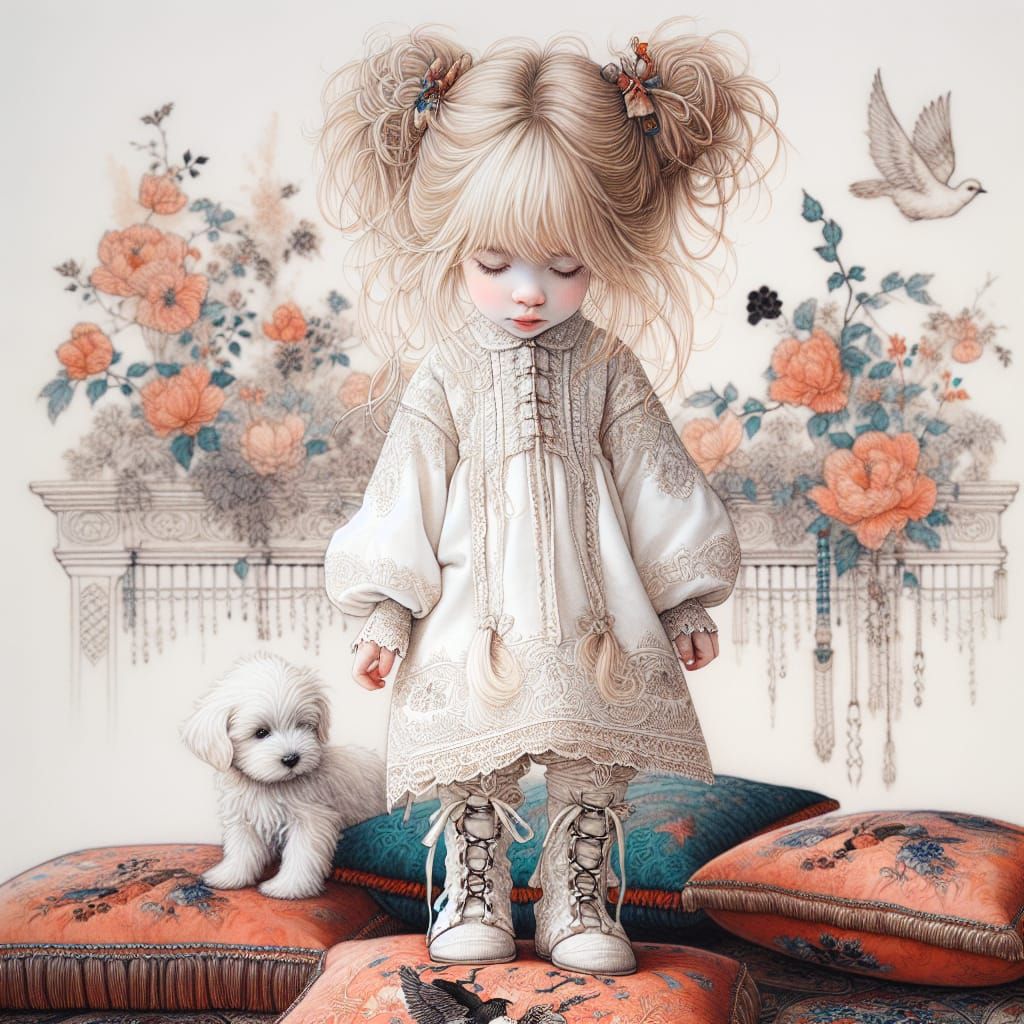 Delicate Little Girl in Elegant White Gothic Attire