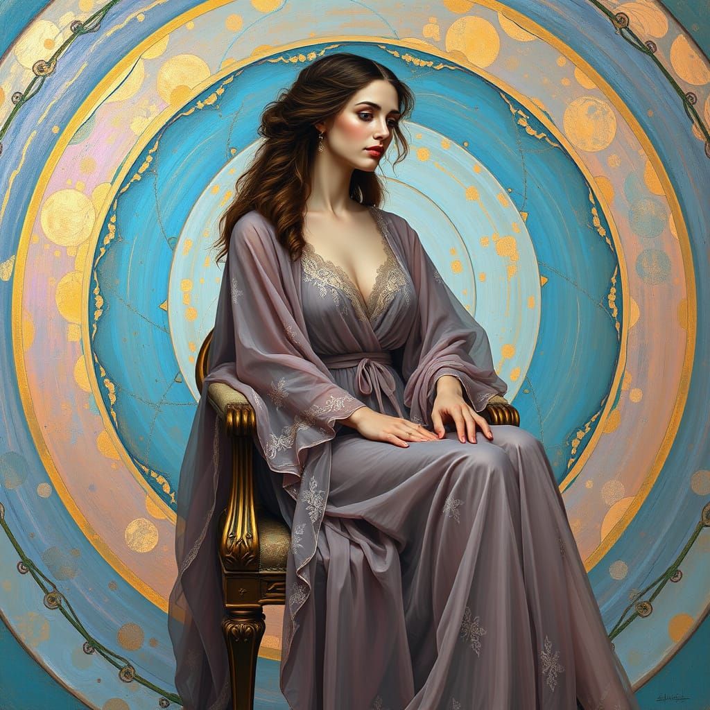 A woman in diaphanous, flowing robes with intricate, lace-like patterns and subtle, shimmering embroidery, sits serenely...