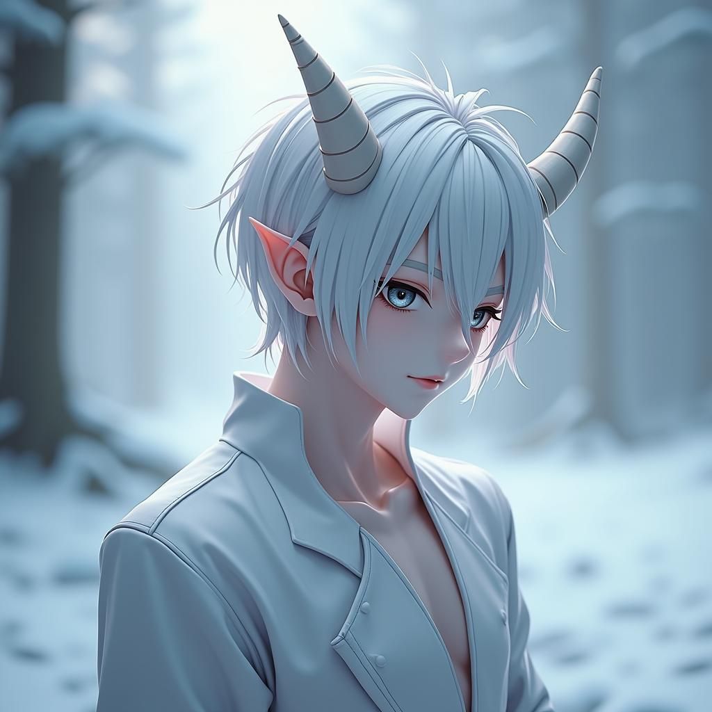 Anime Art: White-Haired Demon with Horns