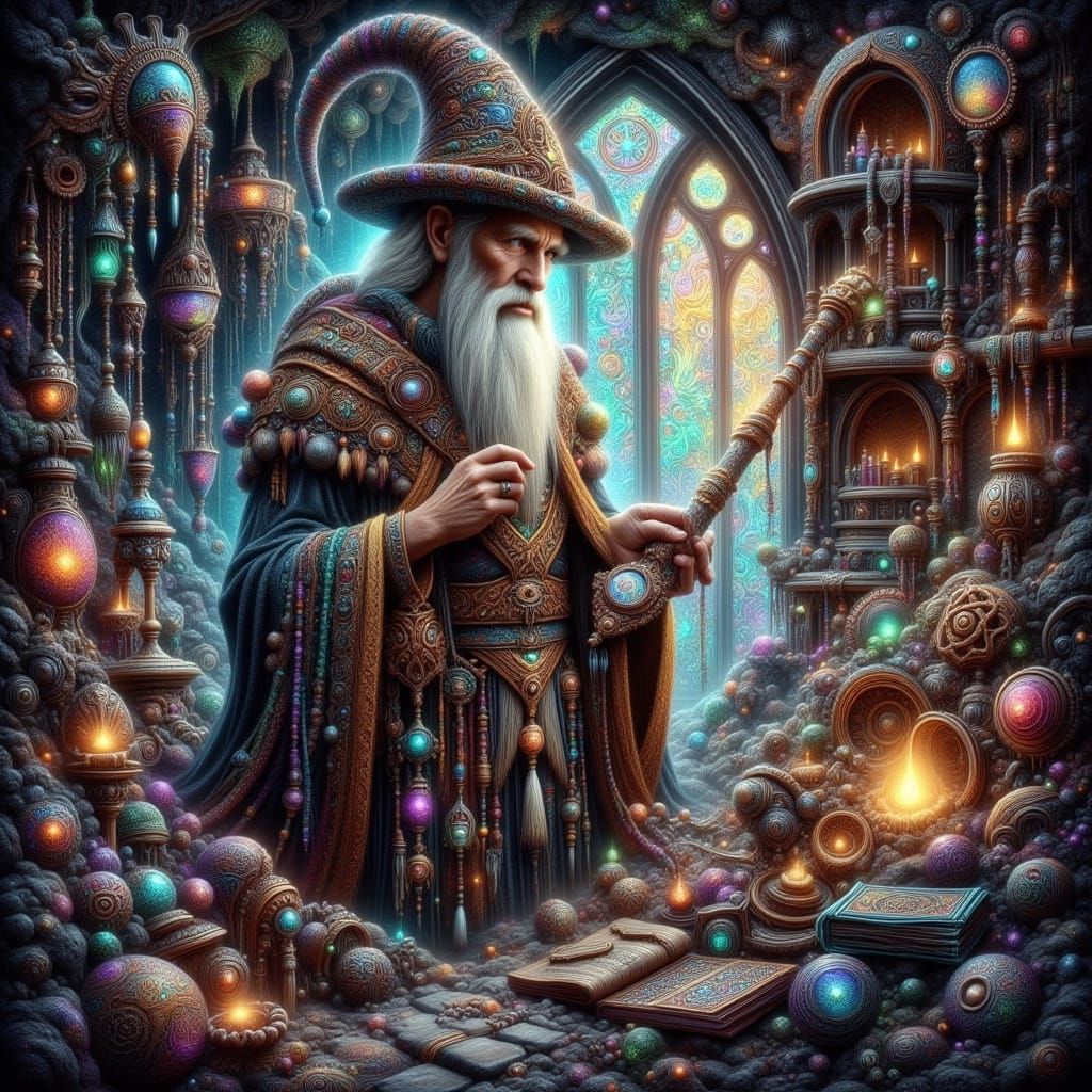 Mystical Wizard in Steampunk Cave, Arthur Rackham Style