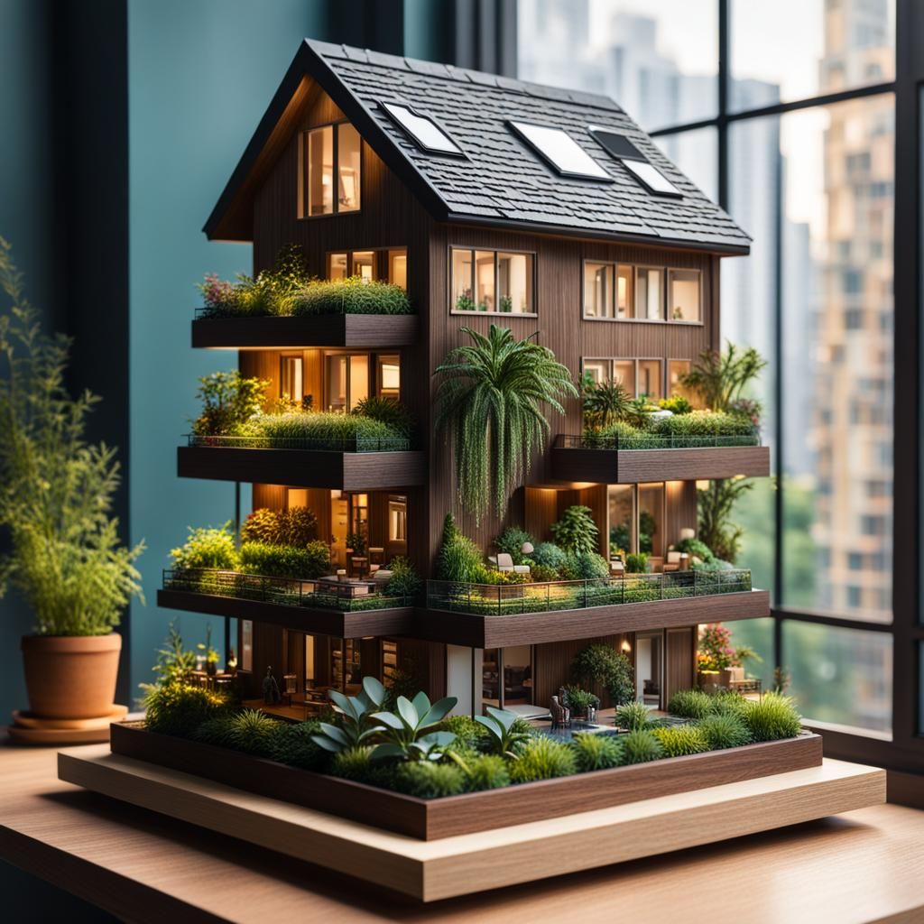 Hyperrealistic Miniature Wooden Apartment Buildings with Gar...