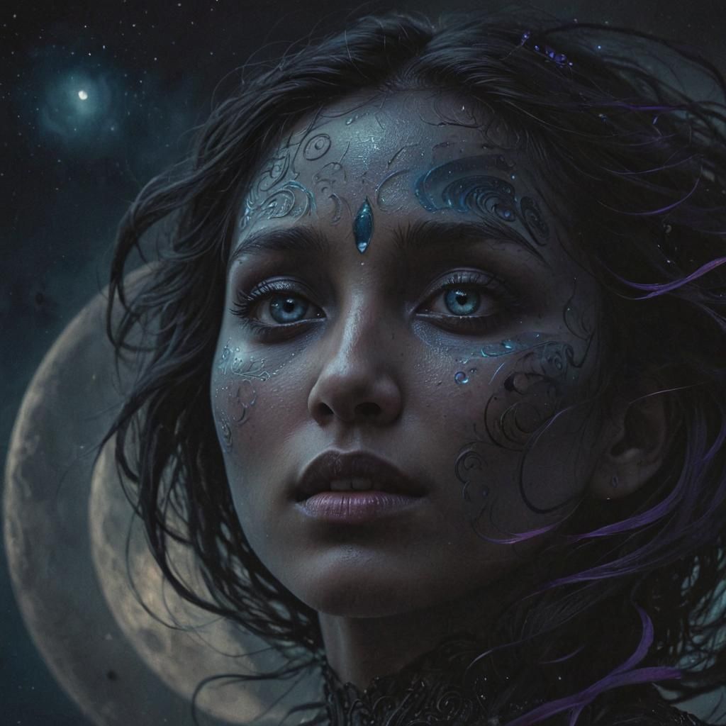 Ethereal Face Gazing at Black Moon in Digital Painting
